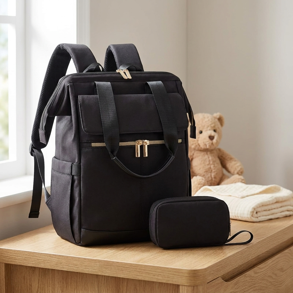 Sac à langer à dos bicolore, pochette incluse, 5 coloris, en situation
