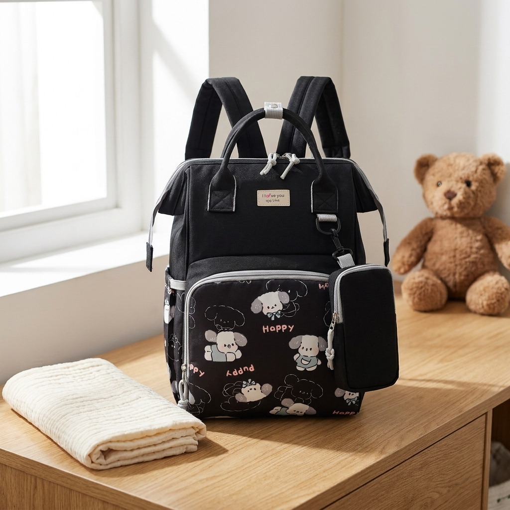 Sac à langer à dos, motif chiots, 5 coloris, en situation