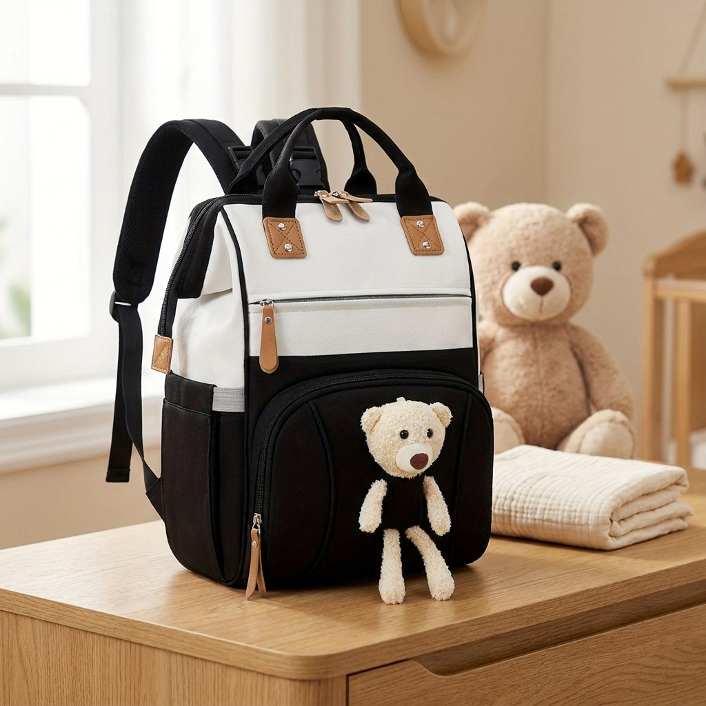 Sac à langer à dos, ourson en peluche, 3 coloris, en situation