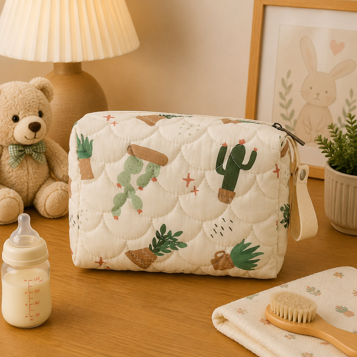 Sac à langer pour poussette, imperméable, arc-en-ciel, posé dans un intérieur clair aux tons naturels