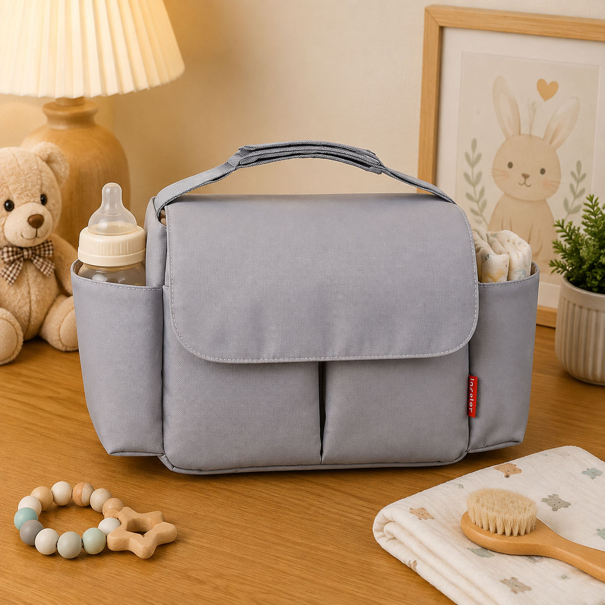 Sac à langer pour poussette, gris, 6 coloris, posé dans un intérieur clair aux tons naturels