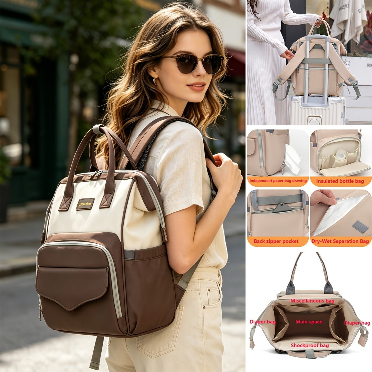 Sac à dos à langer bicolore, sangles poussette, 2 coloris