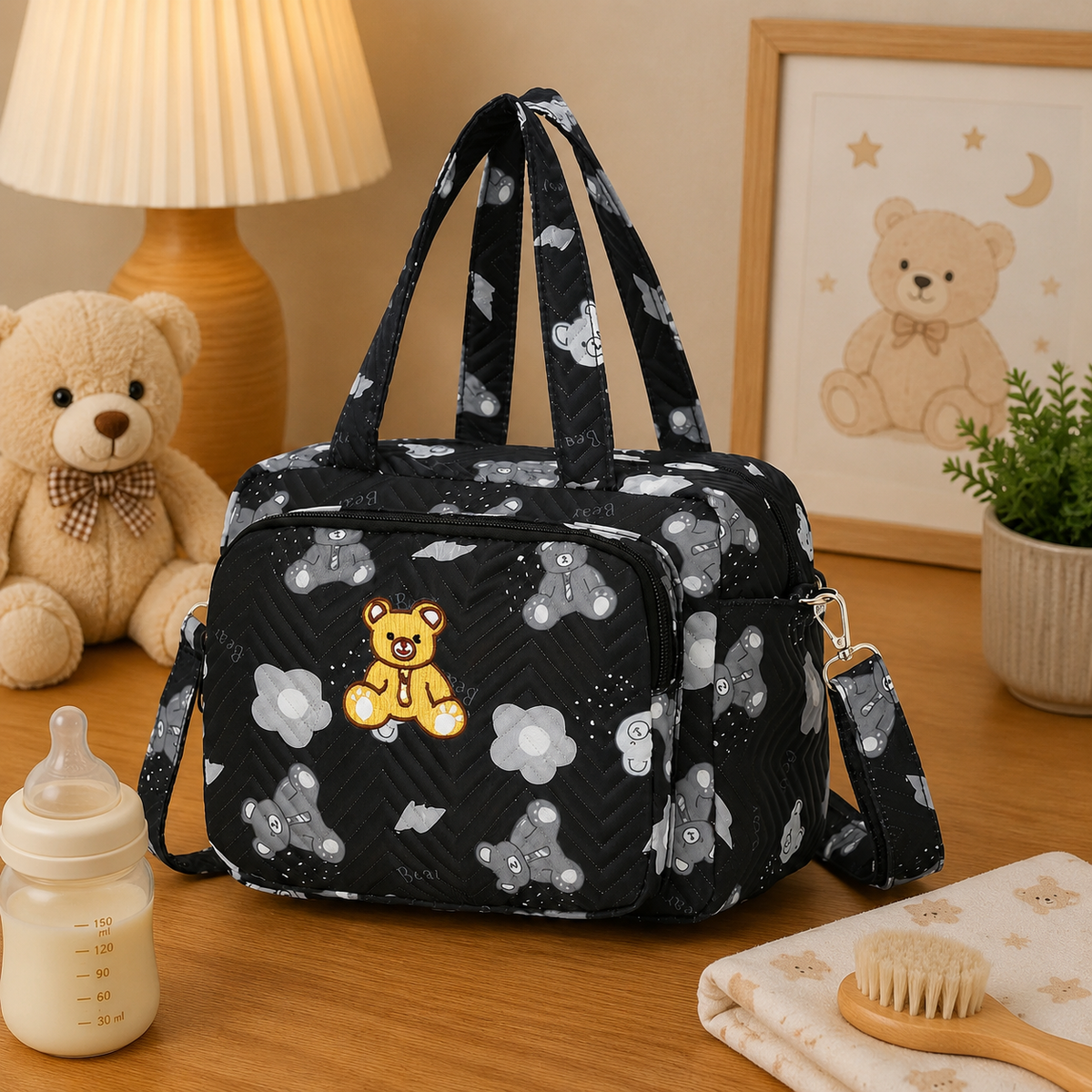 Sac à langer rayé pour maman, léger, trois coloris, posé dans un intérieur clair aux tons naturels