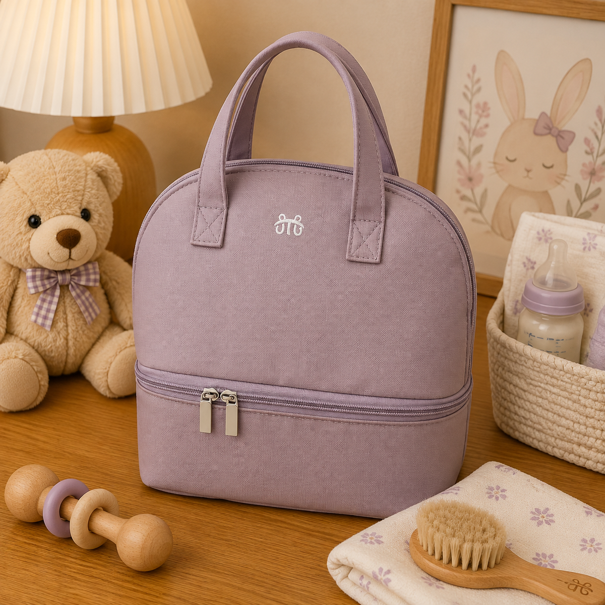 Sac à langer, en nylon, posé dans un intérieur clair aux tons naturels