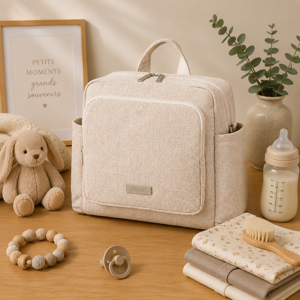 Sac à dos à langer, imperméable, en simili cuir, posé dans un intérieur clair aux tons naturels