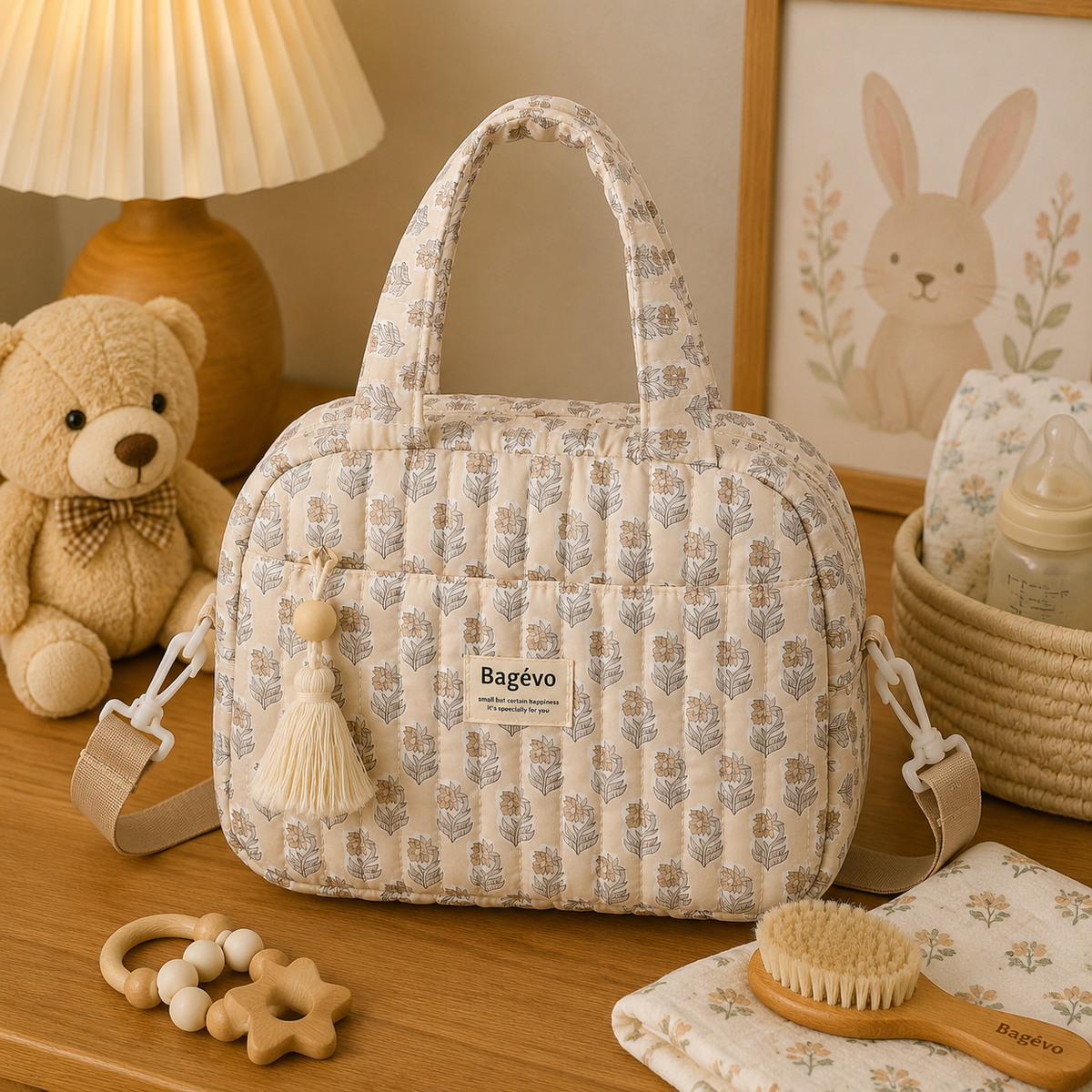 Sac à langer bandoulière, motif lapin, en polyester, posé dans un intérieur clair aux tons naturels