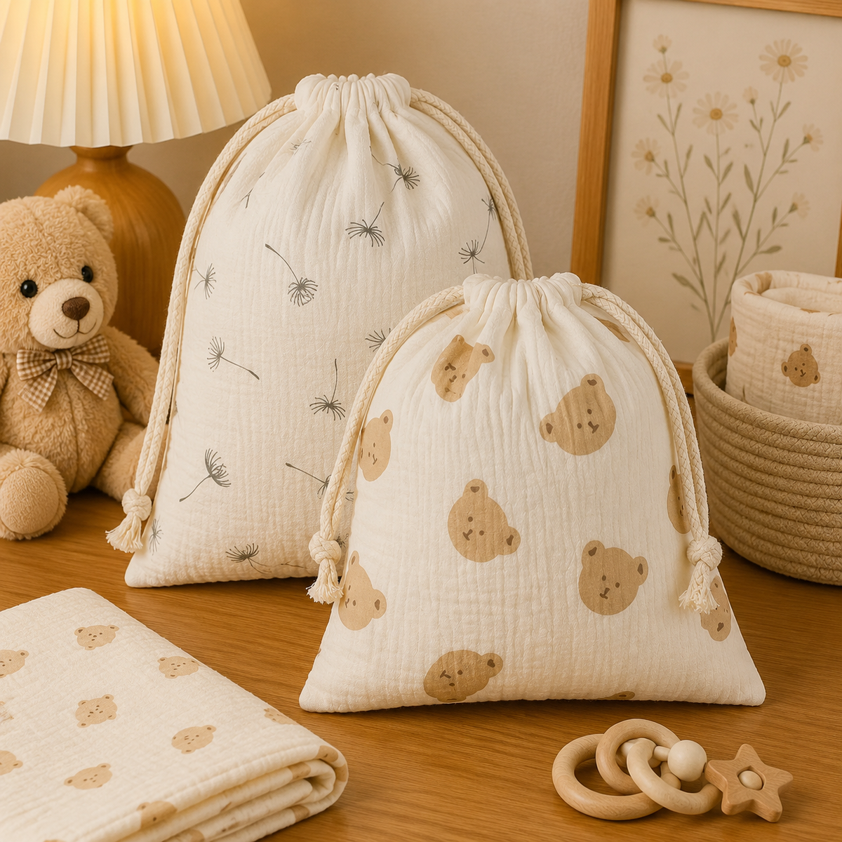 Pochettes à langer en gaze de coton, lot de 2, posé dans un intérieur clair aux tons naturels