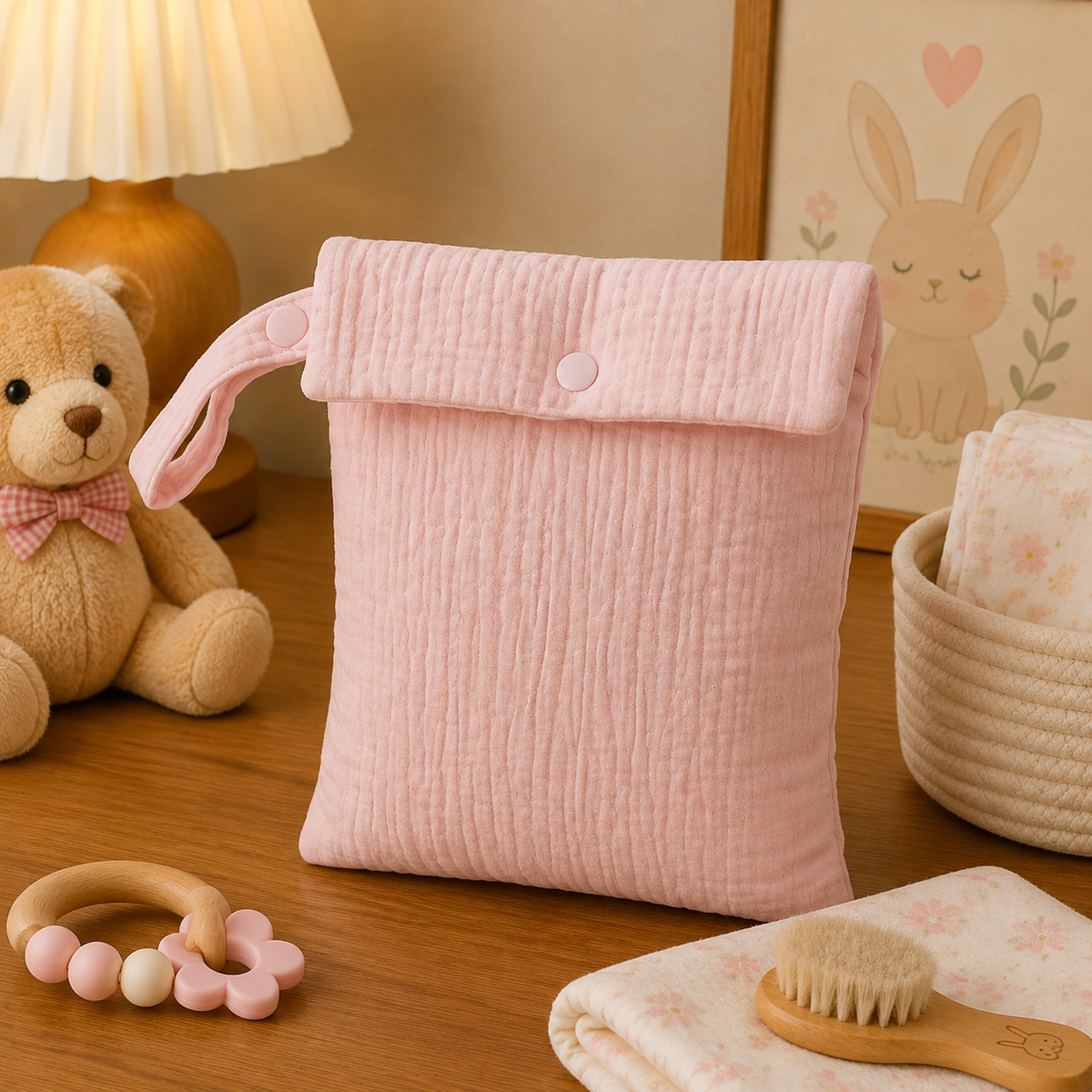 Pochette à langer en mousseline de coton pour poussette, posé dans un intérieur clair aux tons naturels