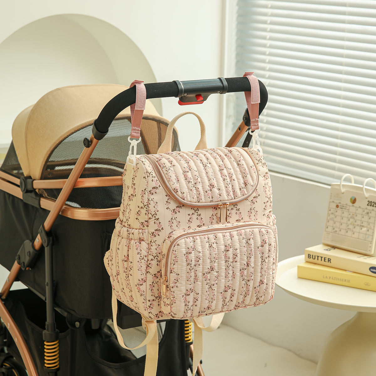Sac à dos à langer matelassé à fleurs, poche isotherme, 4 motifs