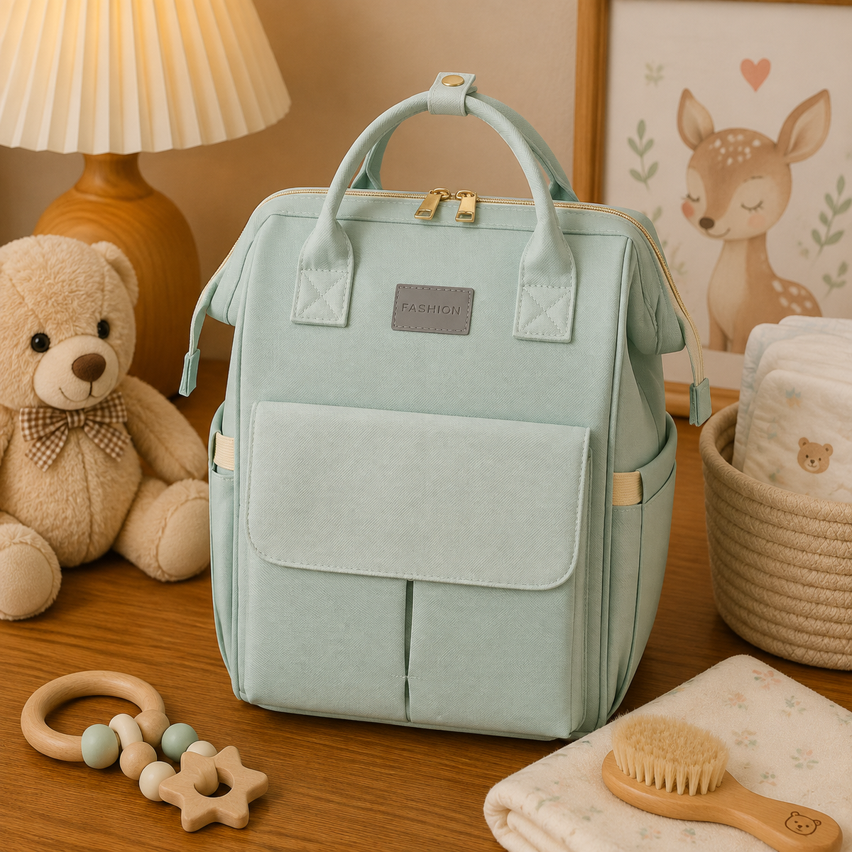 Sac à dos à langer, imperméable, 5 coloris, posé dans un intérieur clair aux tons naturels