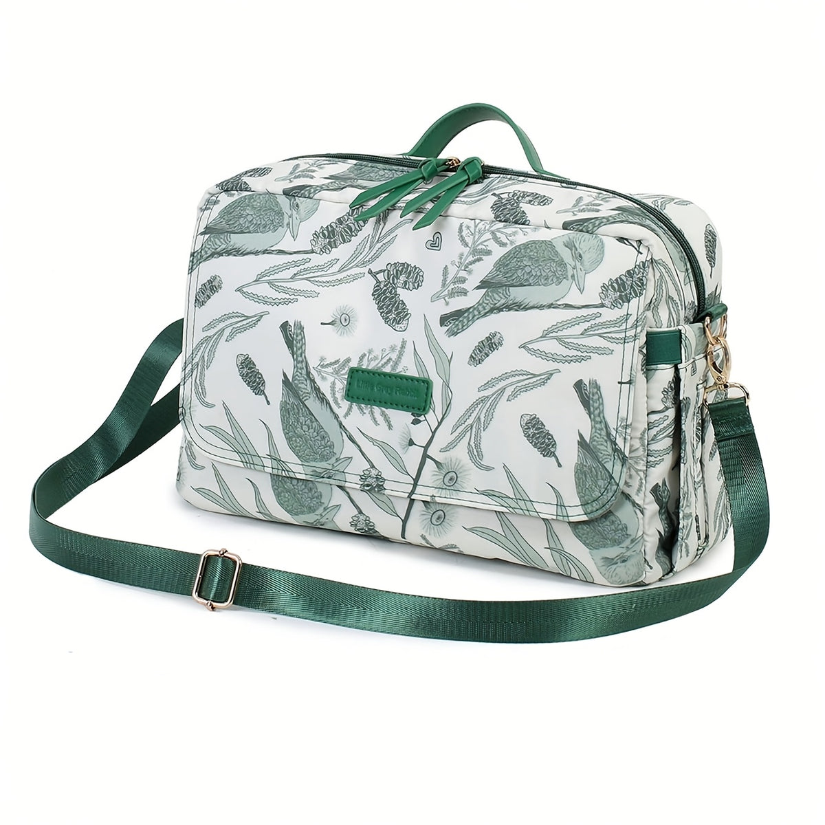 Sac de poussette à imprimé oiseaux et fleurs vertes avec rabat