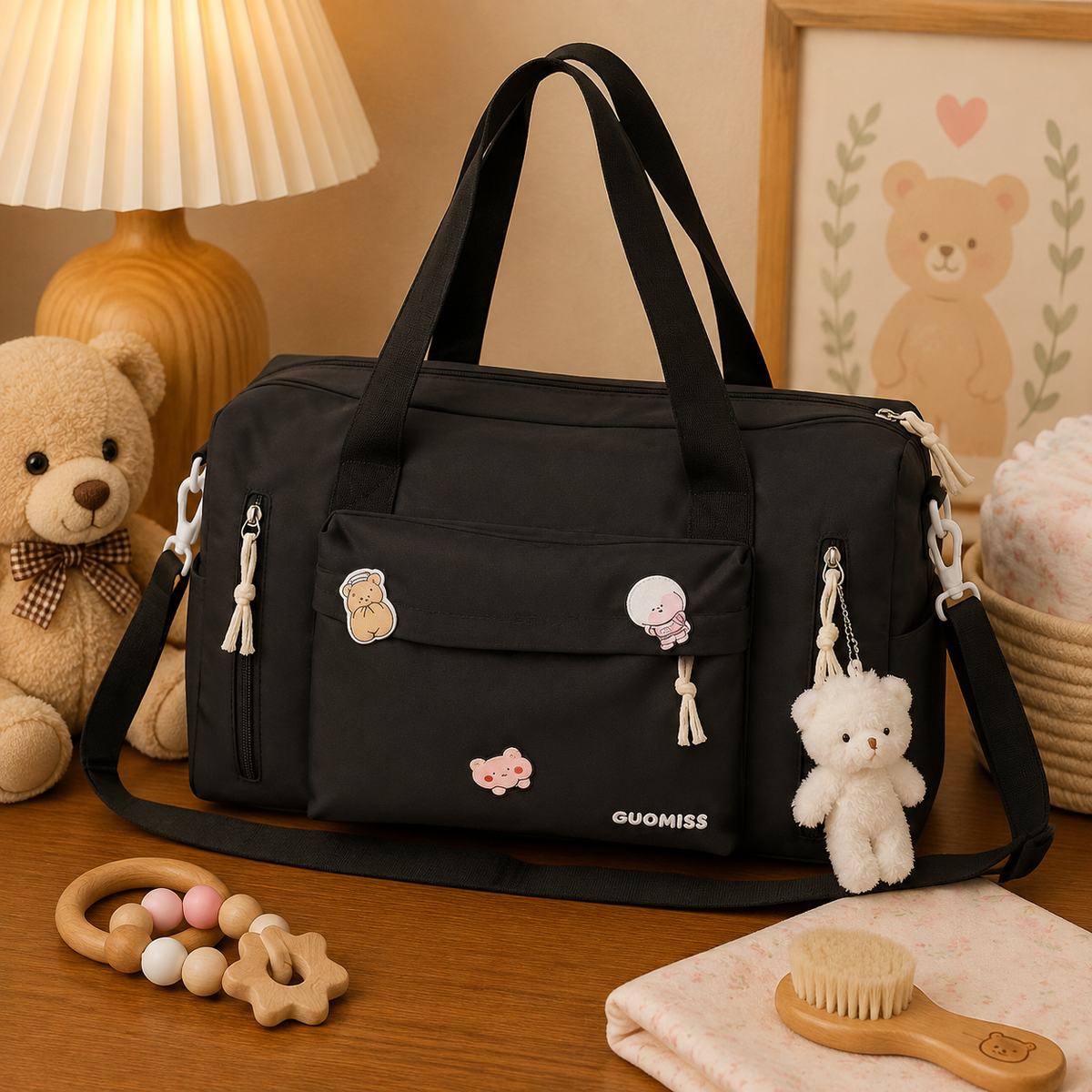 Sac à langer bandoulière, noir, breloque peluche, posé dans un intérieur clair aux tons naturels