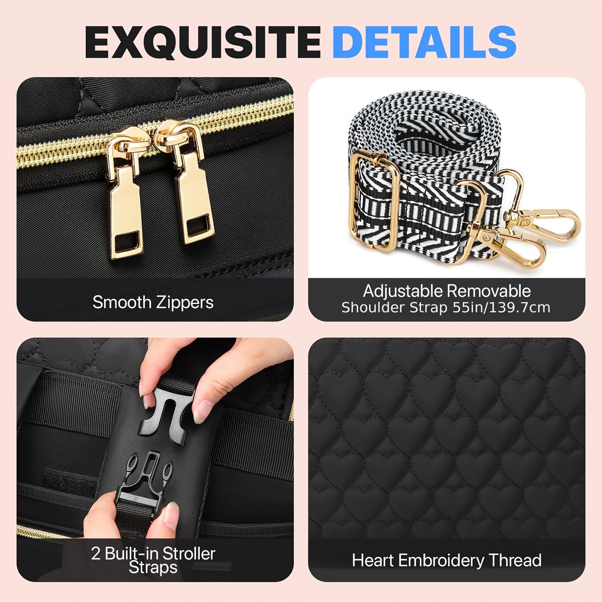Sac à dos à langer matelassé, pochette et tapis inclus, noir