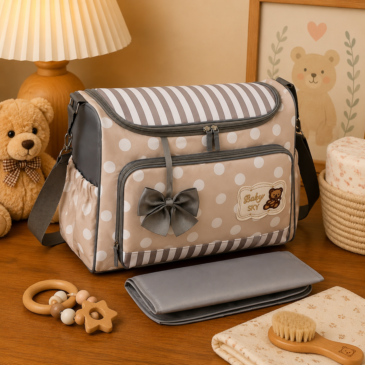 Sac à langer cabas, pois et rayures, tapis inclus, posé dans un intérieur clair aux tons naturels