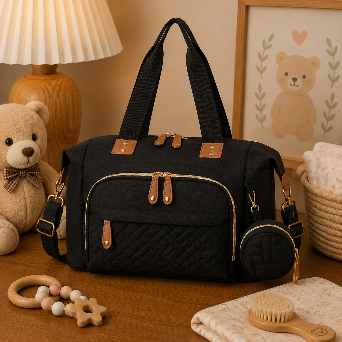 Sac à langer cabas matelassé, noir, pochette incluse, posé dans un intérieur clair aux tons naturels