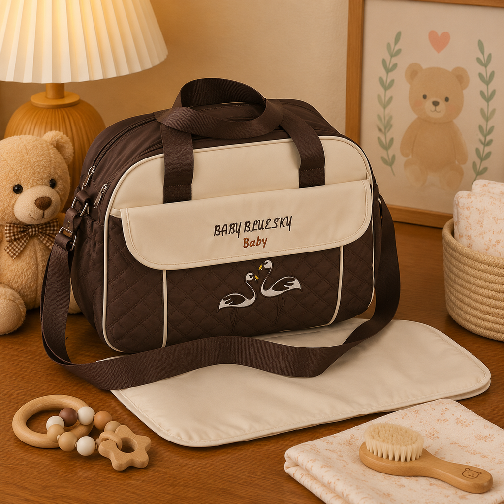 Sac à langer cabas, marron, tapis inclus, posé dans un intérieur clair aux tons naturels