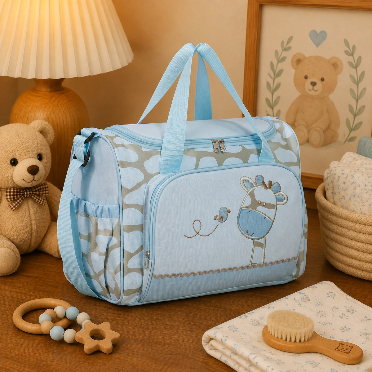Sac à langer bandoulière, motif girafe, bleu, posé dans un intérieur clair aux tons naturels