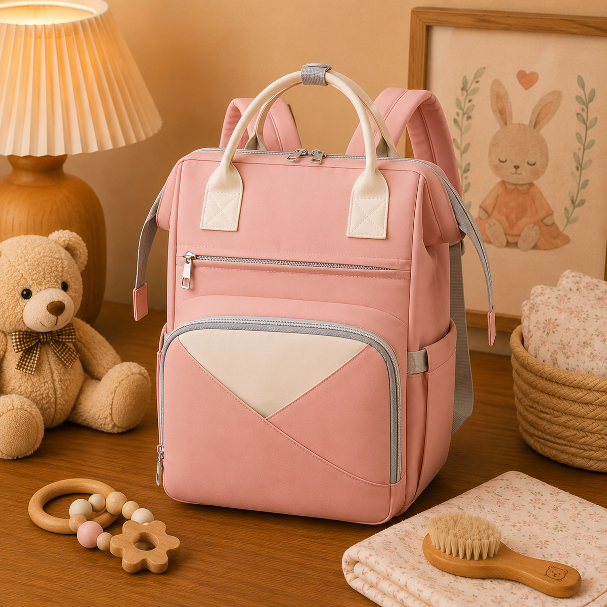 Sac à dos à langer, avec tapis à langer, imperméable, coloris Rose, en situation