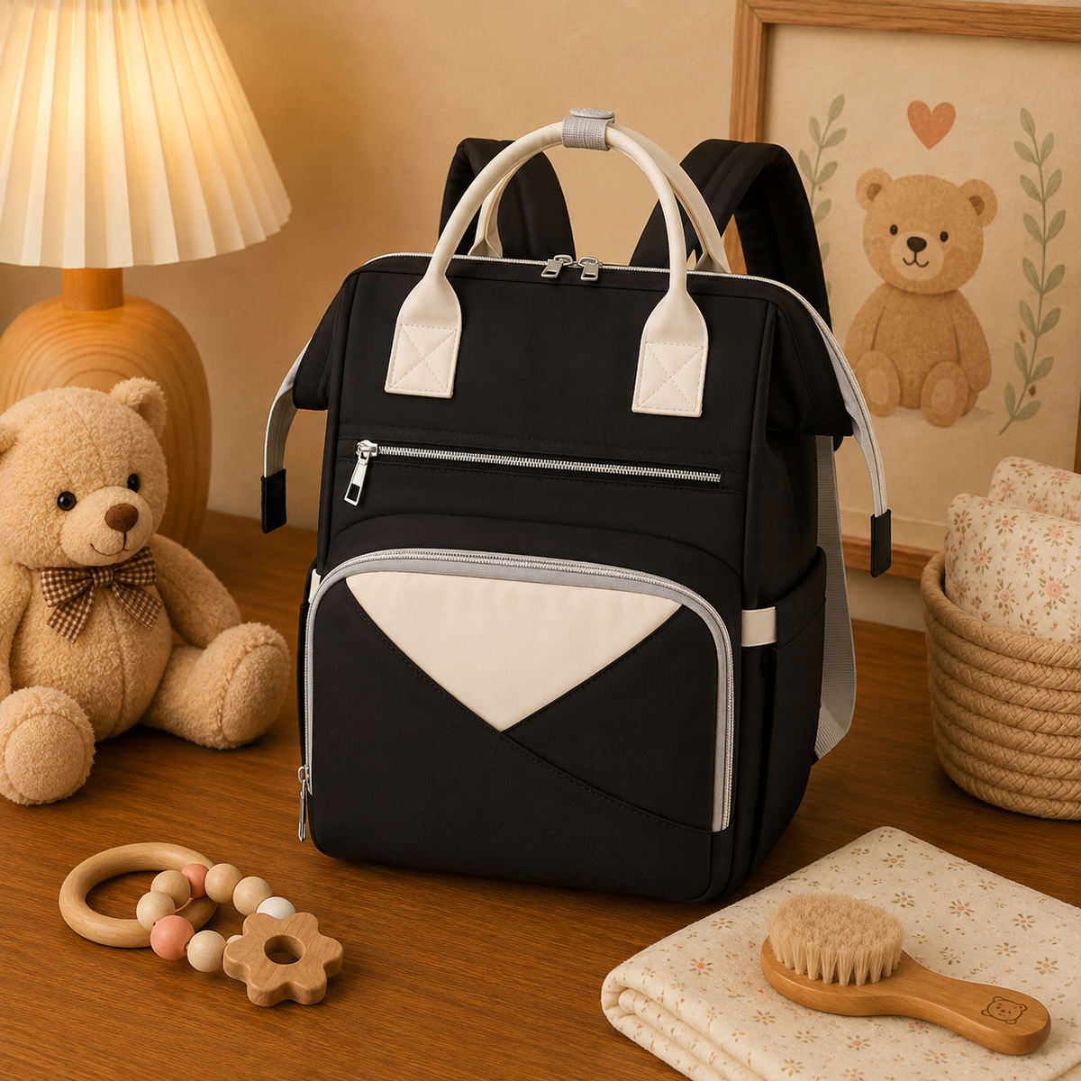 Sac à dos à langer, avec tapis à langer, imperméable, coloris Noir, en situation