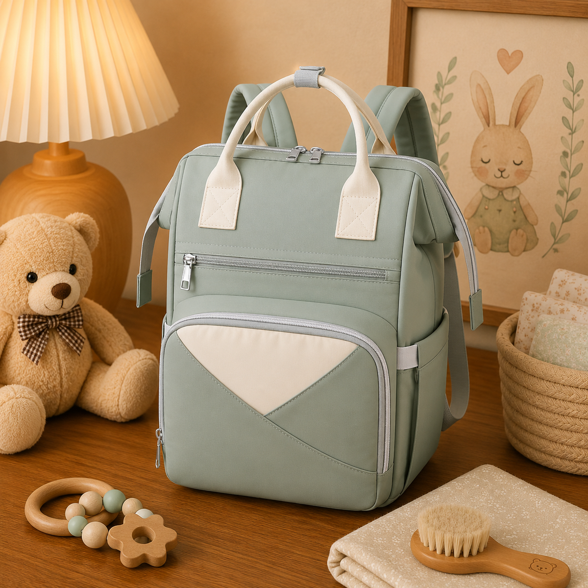 Sac à dos à langer, avec tapis à langer, imperméable, coloris Vert menthe, en situation