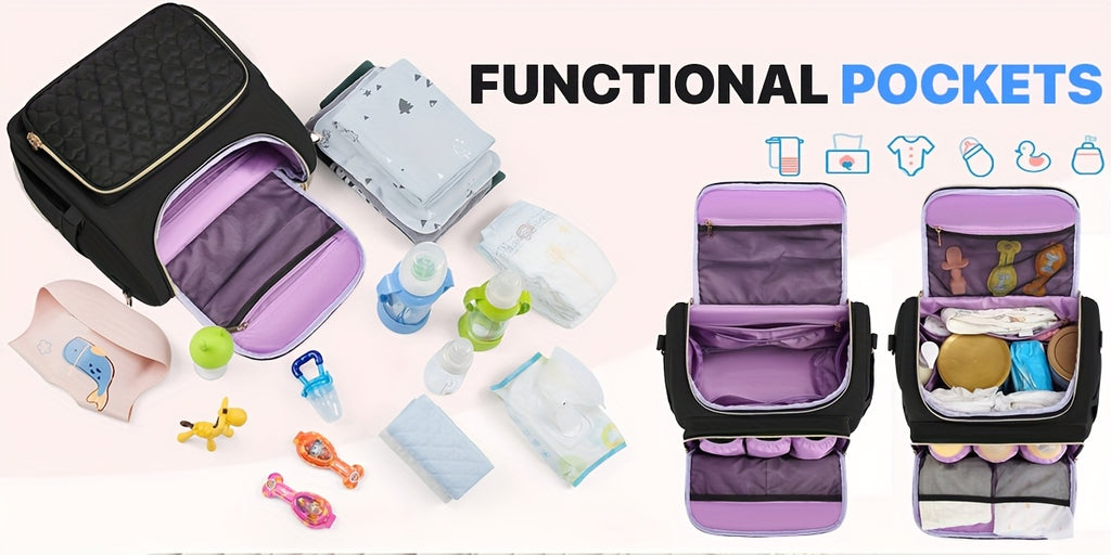 Sac à dos à langer matelassé, pochette et tapis inclus, noir
