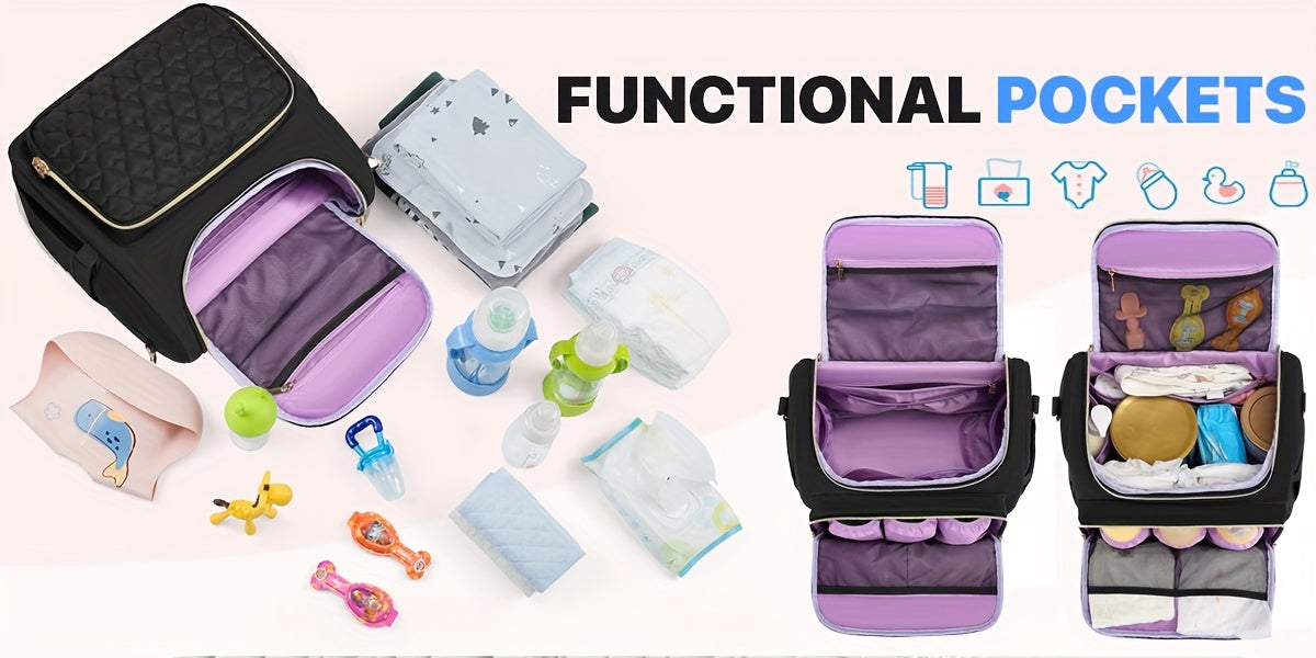 Sac à dos à langer matelassé, pochette et tapis inclus, noir
