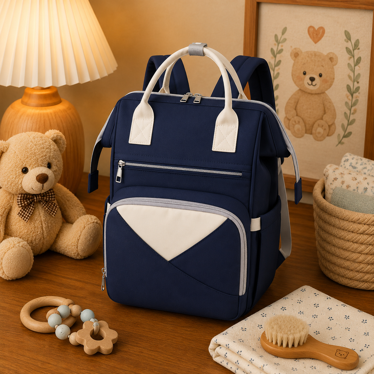 Sac à dos à langer, avec tapis à langer, imperméable, coloris Bleu marine, en situation