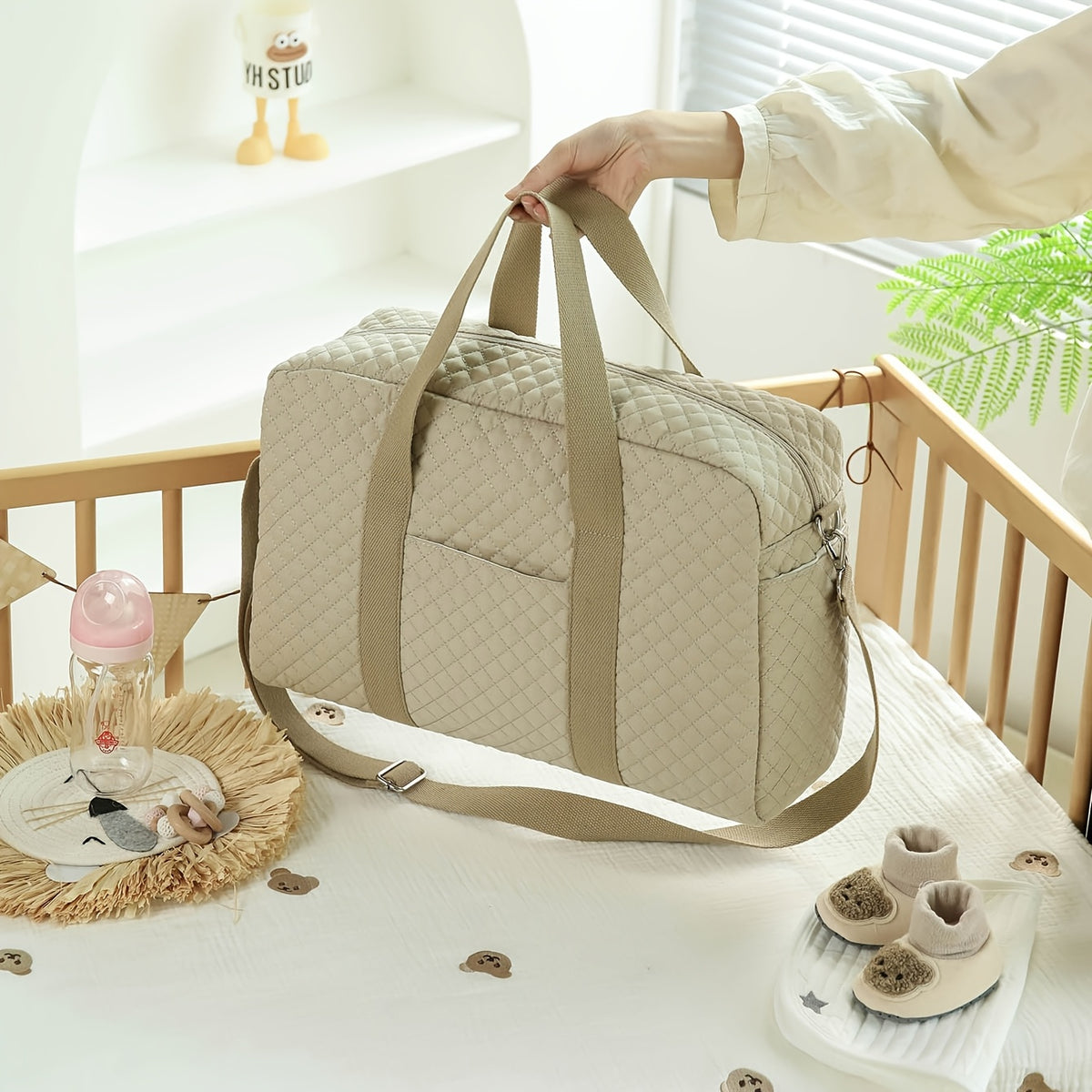 Sac à langer cabas matelassé à carreaux, marron