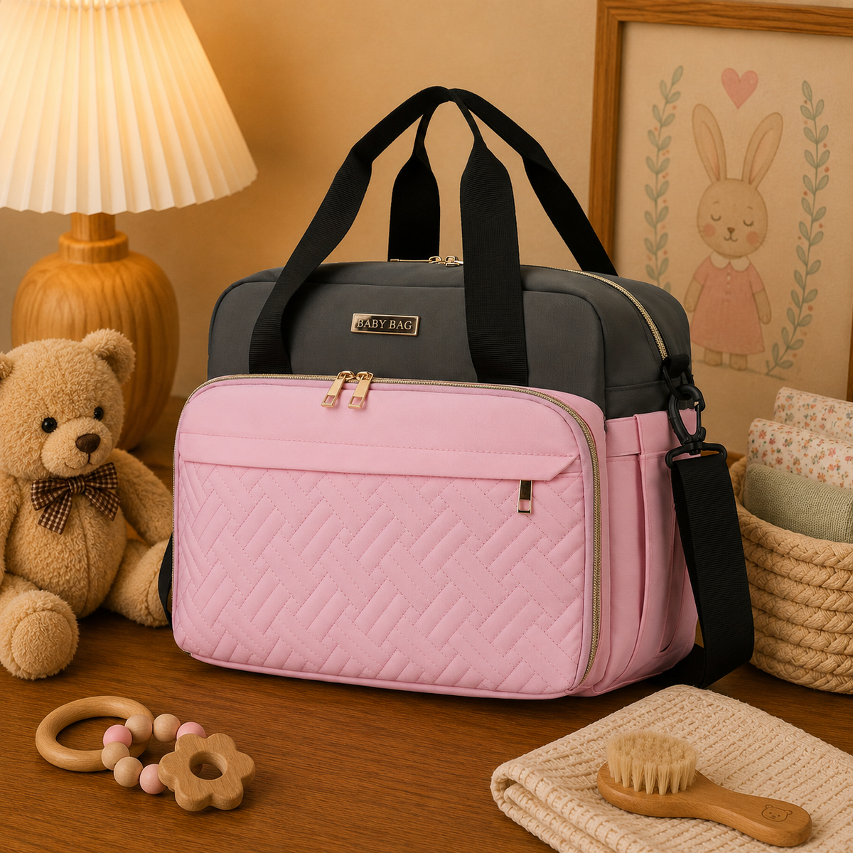 Sac à langer bandoulière, en toile, noir, coloris Rose, en situation