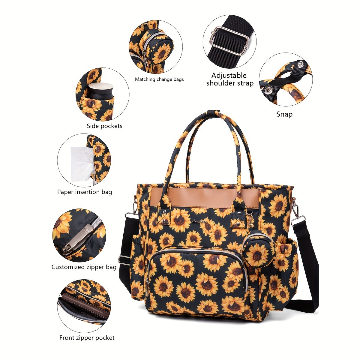 Sac à langer cabas imprimé, poche isotherme, 4 motifs