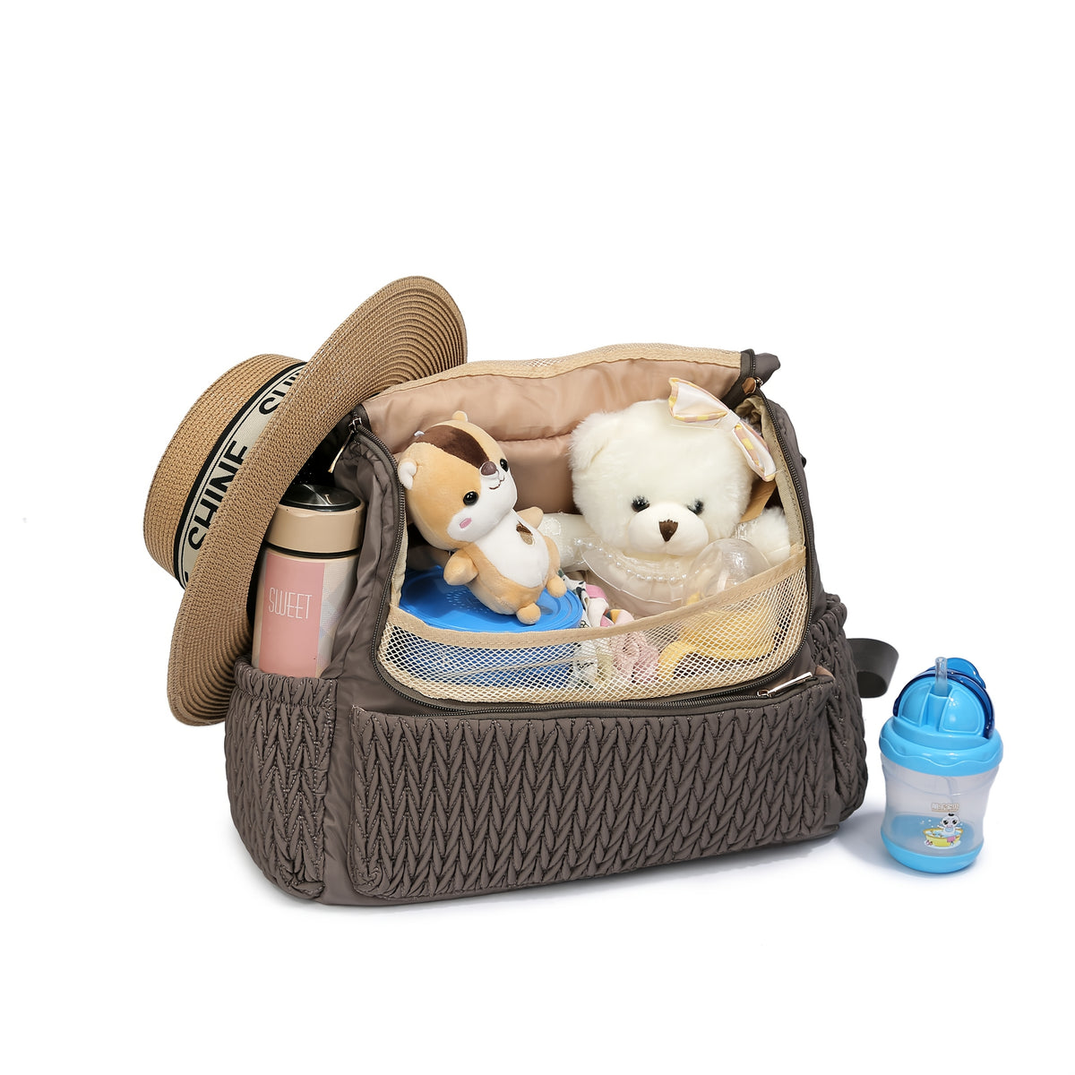 Sac à langer cabas matelassé, pochette assortie, 7 coloris