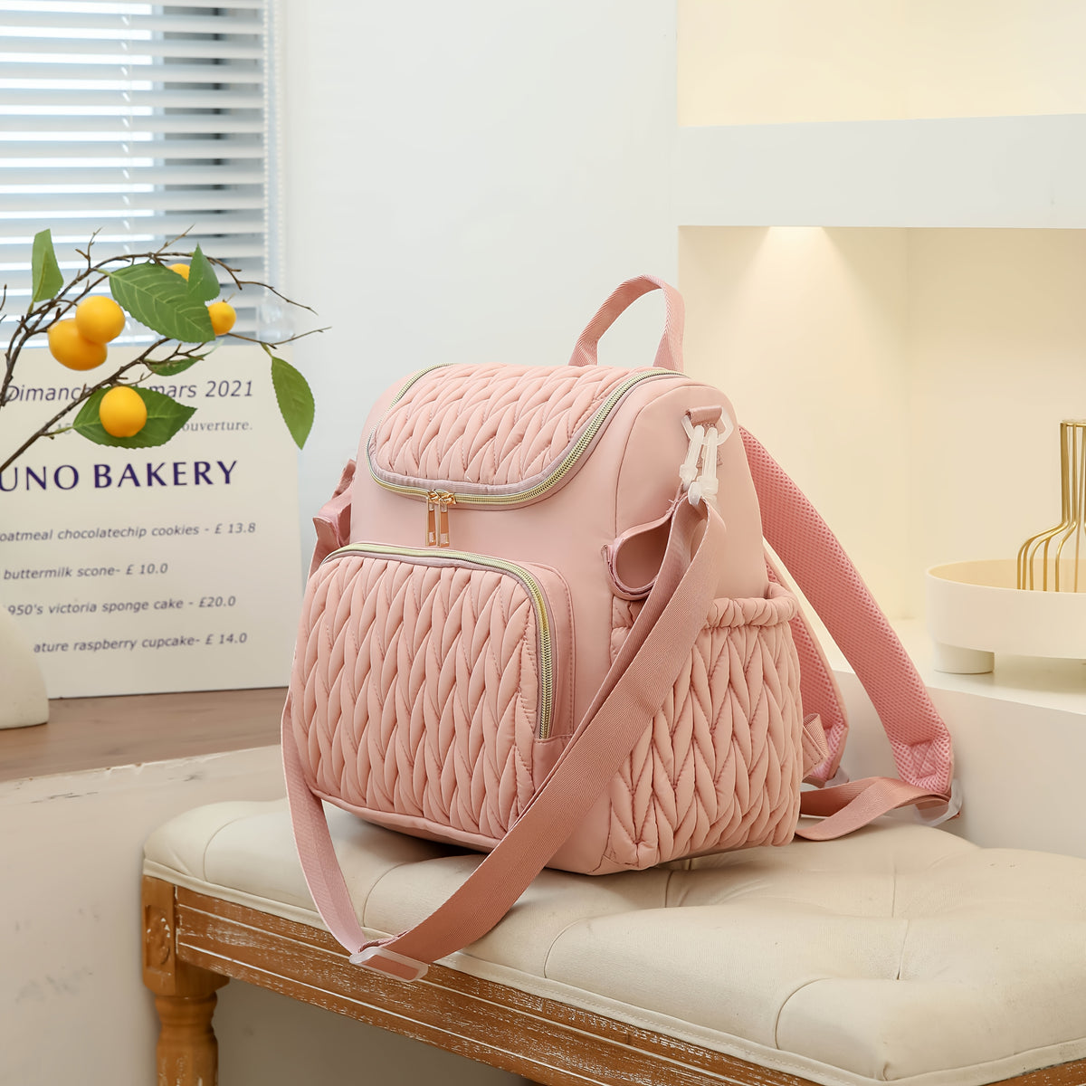 Sac à dos à langer matelassé torsadé, bretelles amovibles, 4 coloris