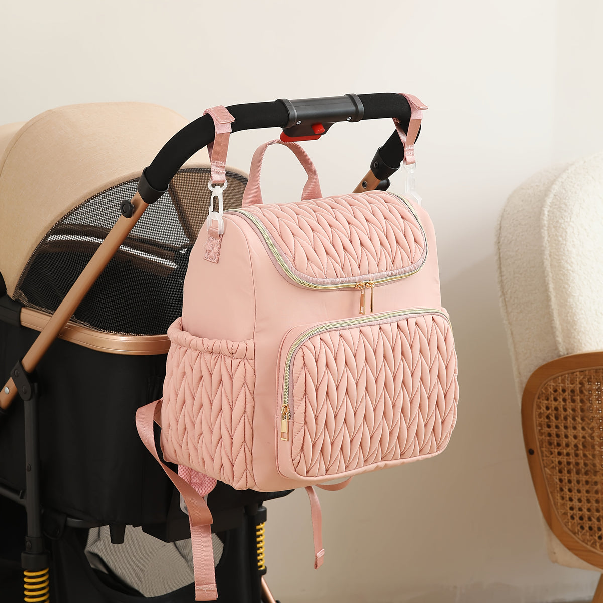 Sac à dos à langer matelassé torsadé, bretelles amovibles, 4 coloris