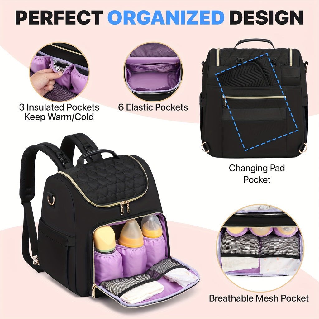 Sac à dos à langer matelassé, pochette et tapis inclus, noir