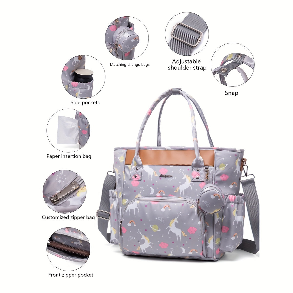 Sac à langer cabas imprimé, poche isotherme, 4 motifs