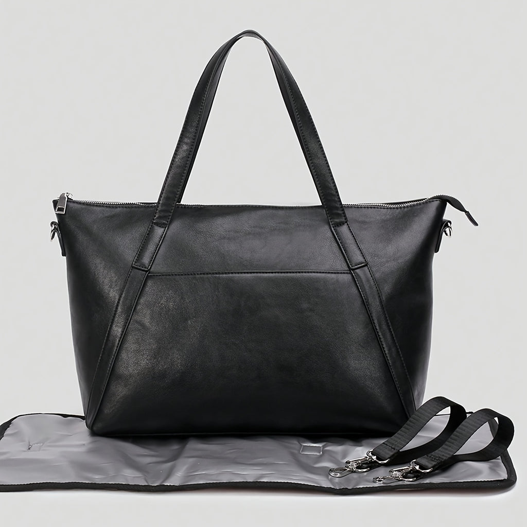 Sac à langer cabas en simili cuir, tapis inclus, noir