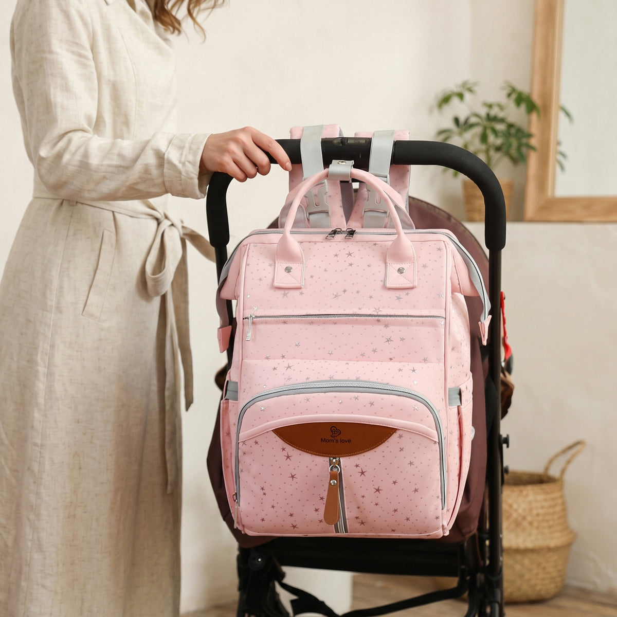 Sac à dos à langer imprimé étoiles, se fixe à la poussette, 4 coloris