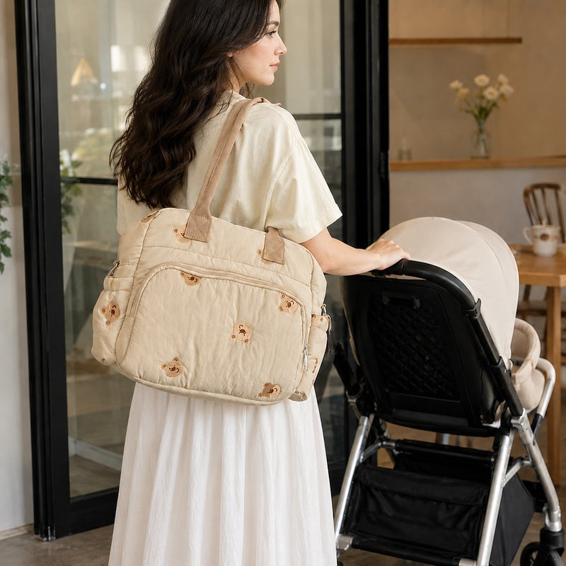 Sac à langer cabas brodé ourson en peluche, 2 coloris
