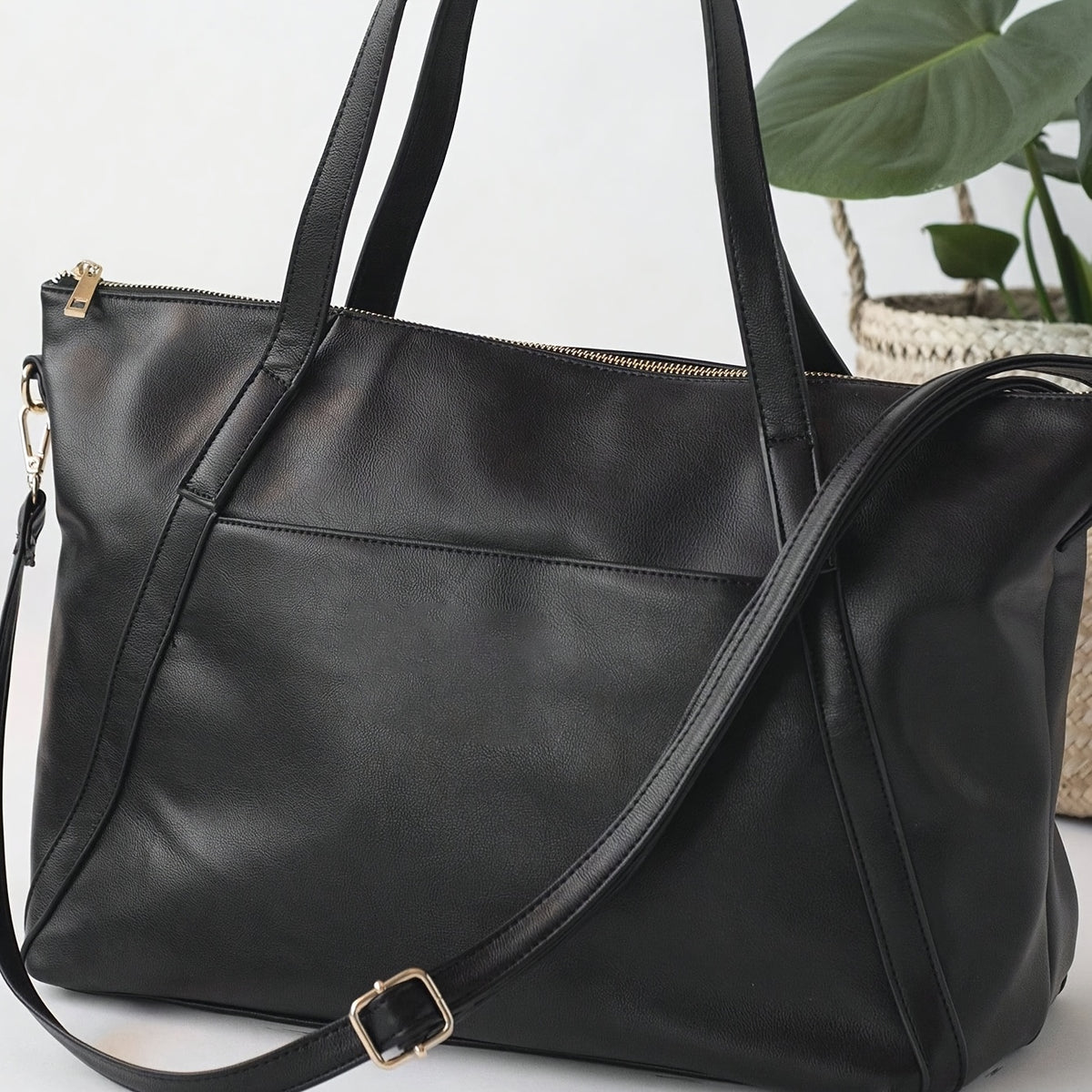 Sac à langer cabas en simili cuir, tapis inclus, noir