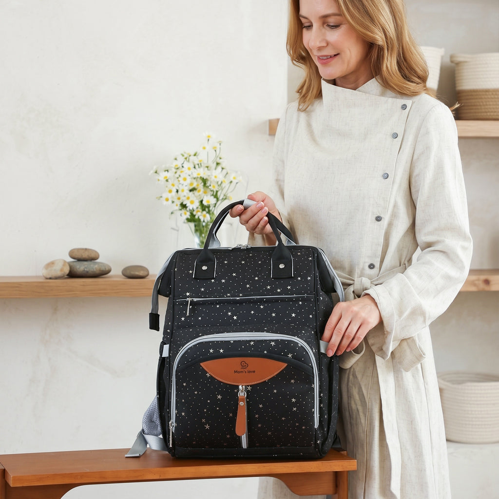 Sac à dos à langer imprimé étoiles, se fixe à la poussette, 4 coloris