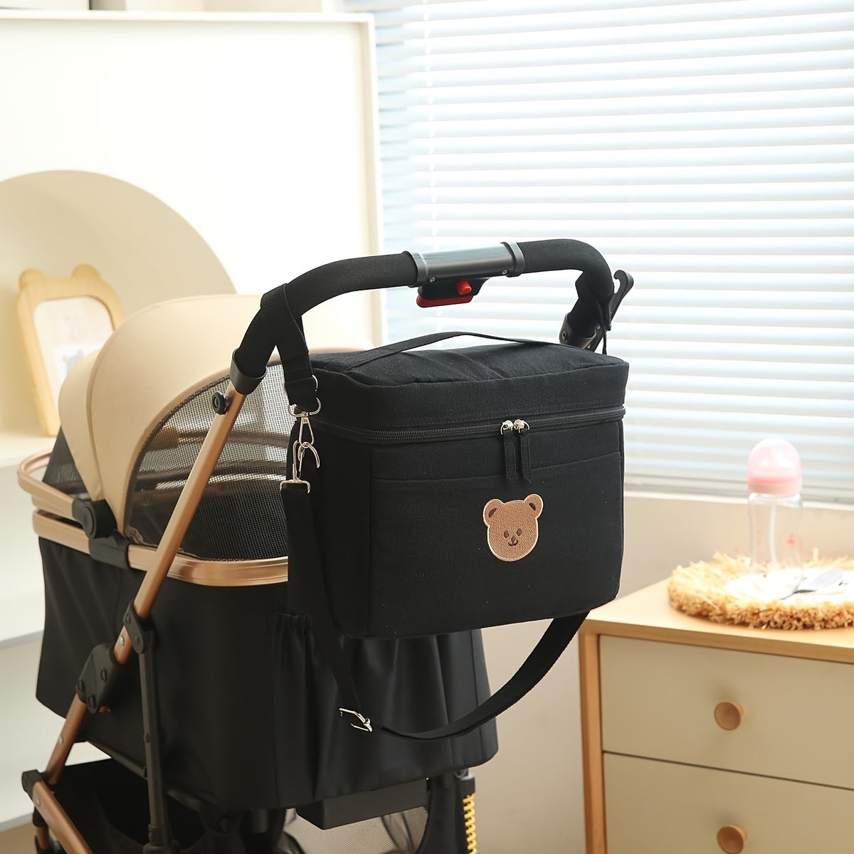 Sac isotherme à langer rigide, brodé ourson, noir
