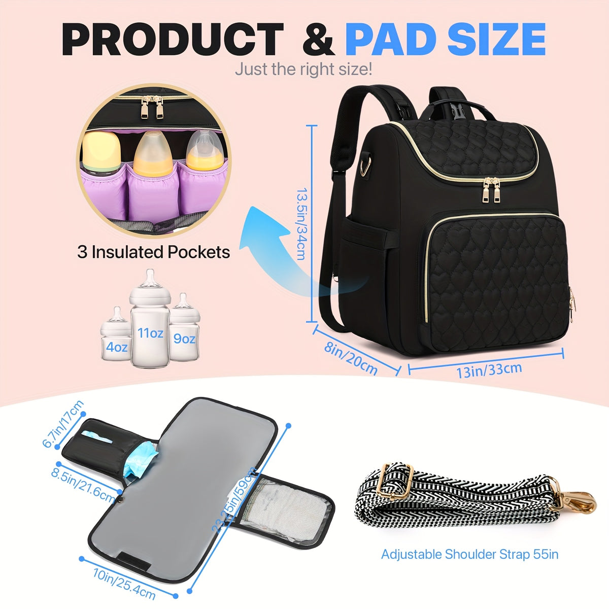 Sac à dos à langer matelassé, pochette et tapis inclus, noir