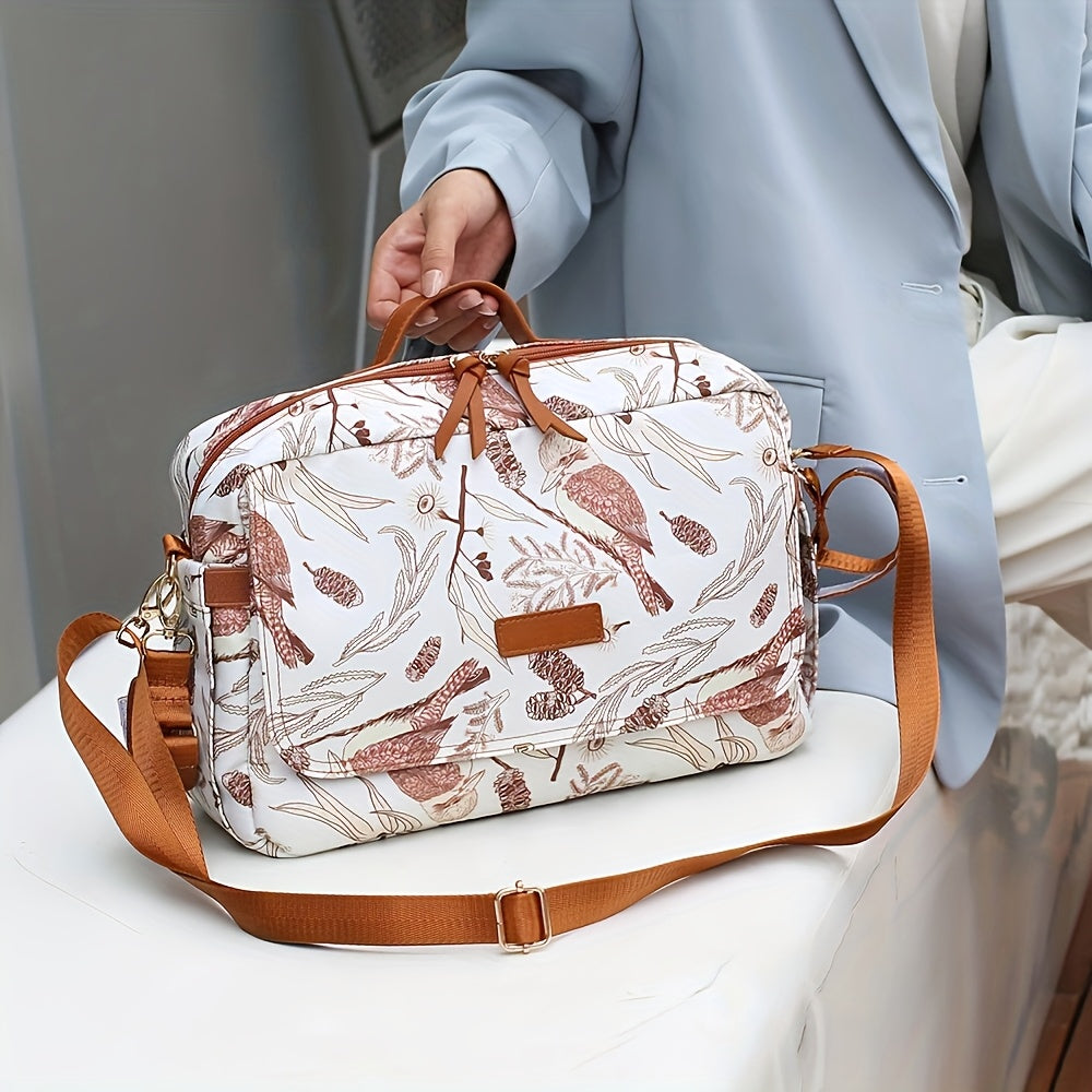 Sac de poussette marron à motif floral d'oiseaux avec rabat