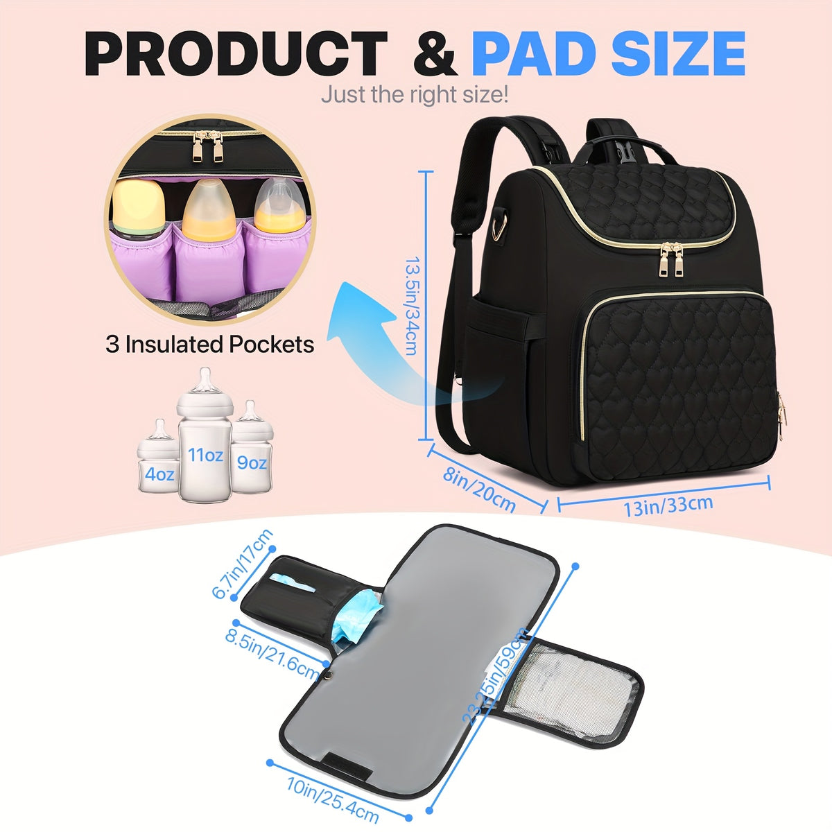 Sac à dos à langer matelassé, pochette et tapis inclus, noir