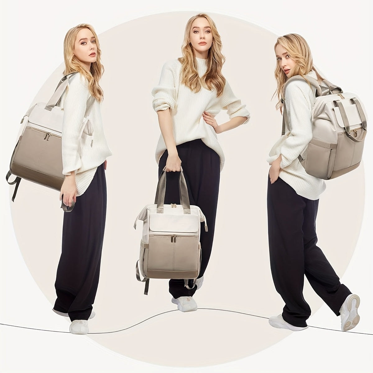 Sac à langer à dos convertible porté au dos, à l'épaule et à la main
